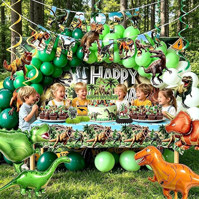 Dinosaur Birthday Party Decorations, 86 PCS Dino Party Supplies | Banner, Backdrop, Tablecloth, Cake Toppers, Balloons, Honeycombs, Hanging Swirls, Stickers for Party Decor