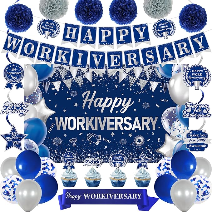 DARUNAXY Happy Workiversary Party Decorations for Men Women, Blue Silver Happy Work Anniversary Banner Cake Topper Hanging Swirl Confetti Balloons Decor Set for Employee Office Party Supplies(31PC)