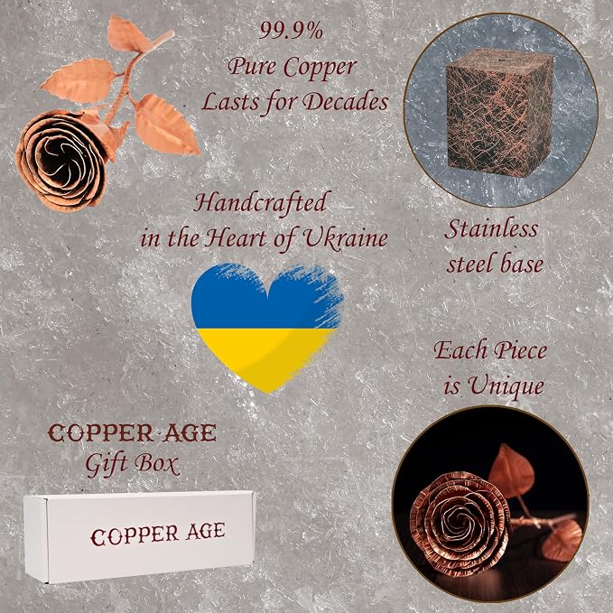 Copper Rose Anniversary Keepsake – 7th & 22nd Wedding Anniversary – Solid Copper Flower on Metal Display Base – 12 Inch Handcrafted Rose