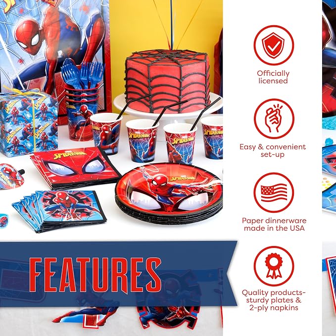 Spiderman Birthday Decorations | Spiderman Party Supplies | Serves 16 Guests | Marvel Superhero Spidey and His Amazing Friends | Table Cover, Spider Man Banner, Plates, Napkins, Masks and Button |