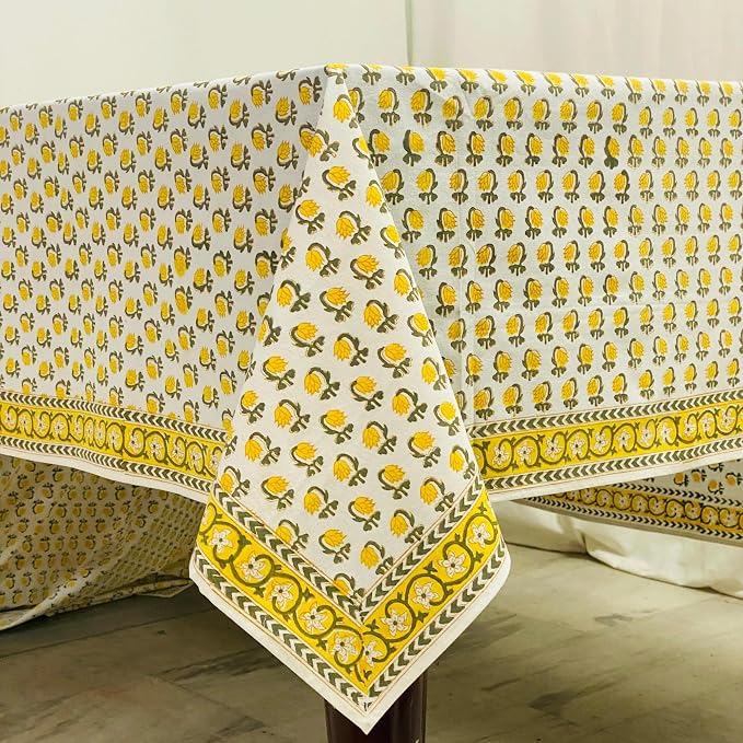 Ridhi Hand Block Print Vintage Yellow Rectangle Cotton Tablecloth 102" x 48" Reusable Table Cover Decorative Everyday Use for Dining, Farmhouse, Home Gift for Spring, Easter, Valentine