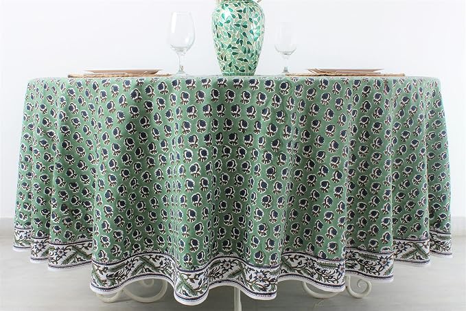 Ridhi Round Tablecloth Hand Block Print 100% Cotton Reusable Basil Green 90 Inch Table Cover Decorative Everyday Use for Dining, Home, Party, Wedding, Farmhouse, Party Gift for Spring, Mother's Day