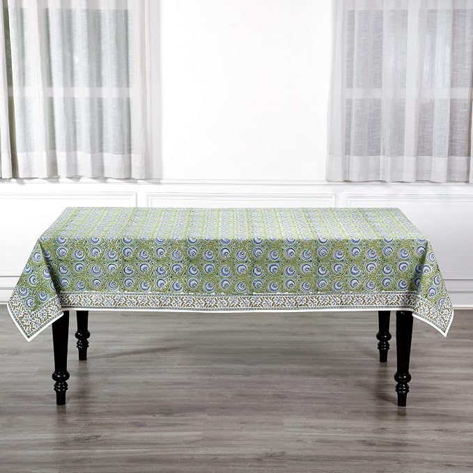 Ridhi Verdant Mist Hand Block Print Cotton Rectangle Tablecloth 90" x 60" inches Reusable Table Cover Decorative Everyday Use for Dining Room, Farmhouse, Home Gift for Spring, Mother's Day