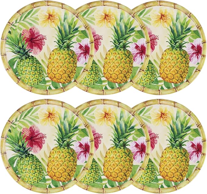 UP UPware Pineapple Melamine Dinner Plate Set, Round Plates with Bamboo Edge for Main course, Pasta, and Salad, BPA-Free, Dishwasher Safe, Multicolor, 11 Inch, Set of 6