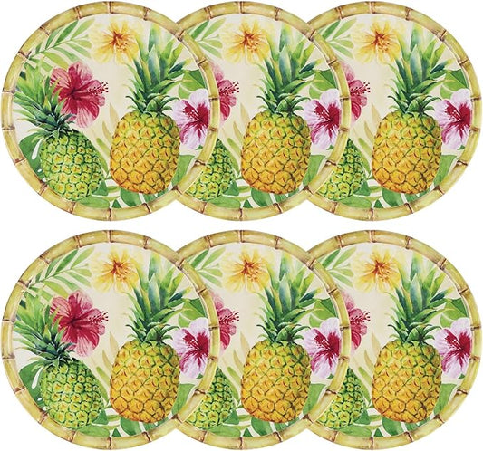 UP UPware Pineapple Melamine Dinner Plate Set, Round Plates with Bamboo Edge for Main course, Pasta, and Salad, BPA-Free, Dishwasher Safe, Multicolor, 11 Inch, Set of 6