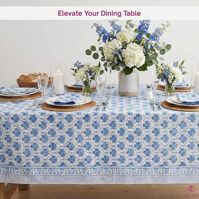 ATOSII Padma Blue 100% Cotton Square Summer Tablecloth, Indian Block Print Floral Table Cloth I Dining Parties Weddings Outdoors Holidays 60 X 60 Inches, 4 Seater I Grandmillennial Farmhouse Boho