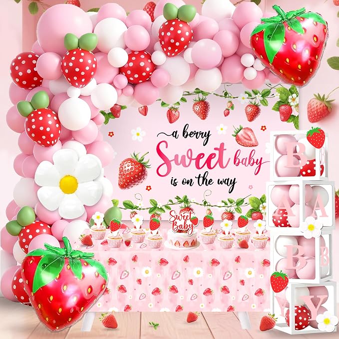 96Pcs Strawberry Baby Shower Decorations for Girl, Berry Sweet Theme Party Supplies with 4 Baby Boxes, 5x3ft Backdrop, Red Pink Balloon Garland Arch & Tablecloth for Summer Fruit Decor