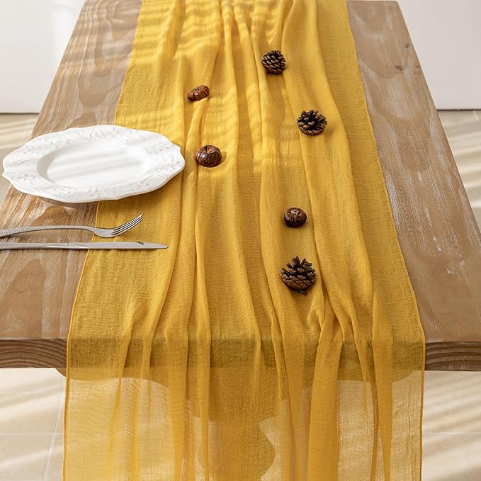 Keketoarrange 3pcs Golden Gauze Rustic Cheesecloth Table Runner 120 Inch 10 FT for Wedding Baby Shower Bridal Shower Birthday Engagement Garden Outdoor Party Long Sheer Boho Decorations