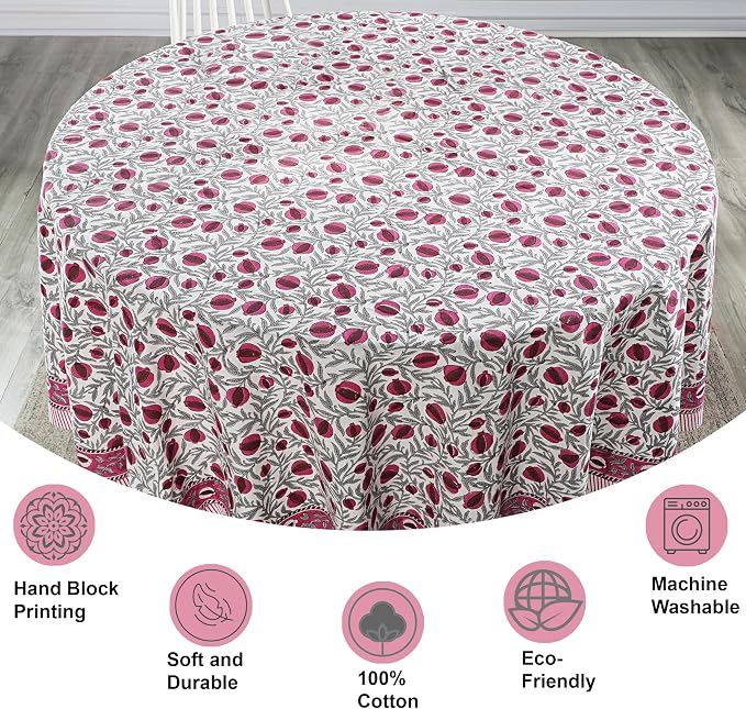 Ridhi Round Tablecloth Hand Block Print 100% Cotton Reusable Sangria Red 90 Inch Table Cover Decorative Everyday Use for Dining, Home, Party, Wedding, Farmhouse, Party Gift for Spring, Mother's Day