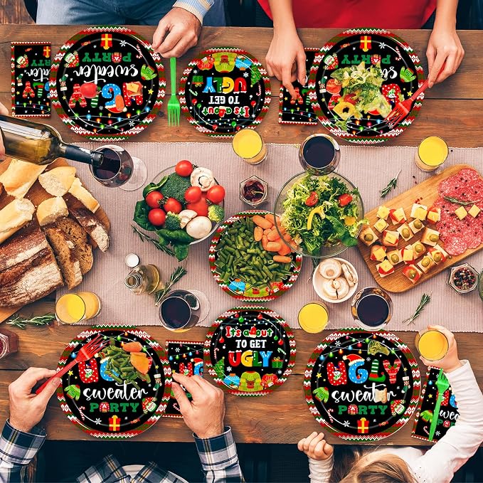 Kepeel 96Pcs Christmas Ugly Sweater Party Plates, Merry Christmas Party Decorations Supplies for Winter Holiday Xmas Family Gathering Birthday Party Disposable Tableware Set, Serves 24