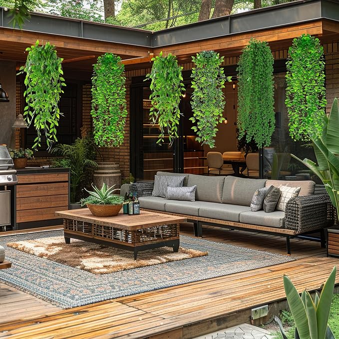Daifunli 16 Pcs Artificial Hanging Plants Fake Hanging Ferns Plastic Fake Plants for Wall Room Garden Garland Indoor Outdoor Decor No Basket (Eucalyptus,Mandala,String of Pearls,Pea)