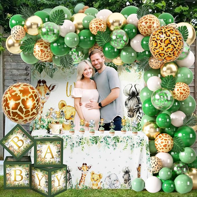 JOPHMO Safari Baby Shower Decorations for Boy - 116 Pcs Wild One Birthday Decorations Jungle Theme Baby Shower Decorations Boy with Balloon Arch Kit, Wild One Backdrop, Tablecloth and Baby Boxes