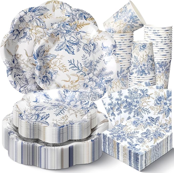 Newtay 250 Pcs Blue Floral Disposable Plates and Napkins Blue Gold Disposable Tableware Set for 50 Guests Paper Plates Napkins Cups for Wedding Bridal Shower Supplies
