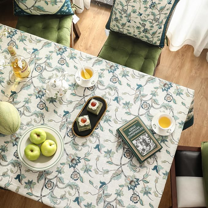patdrea Vintage French Linen Tablecloth,Rectangular,94"x63"-Noah | Heavyweight Floral Large Table Cloth for Rectangle Table,Botanical Green Pattern,for Dining Room Tea Party Thanksgiving
