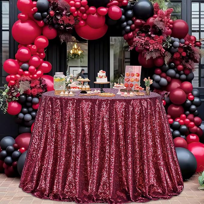 B-COOL Sequin Tablecloth Birthday Party Decor: 120 Inch Round Table Cloth Glitter Fabric Overlay for Indoor Outdoor Dining Parties Home Valentines Christmas Burgundy