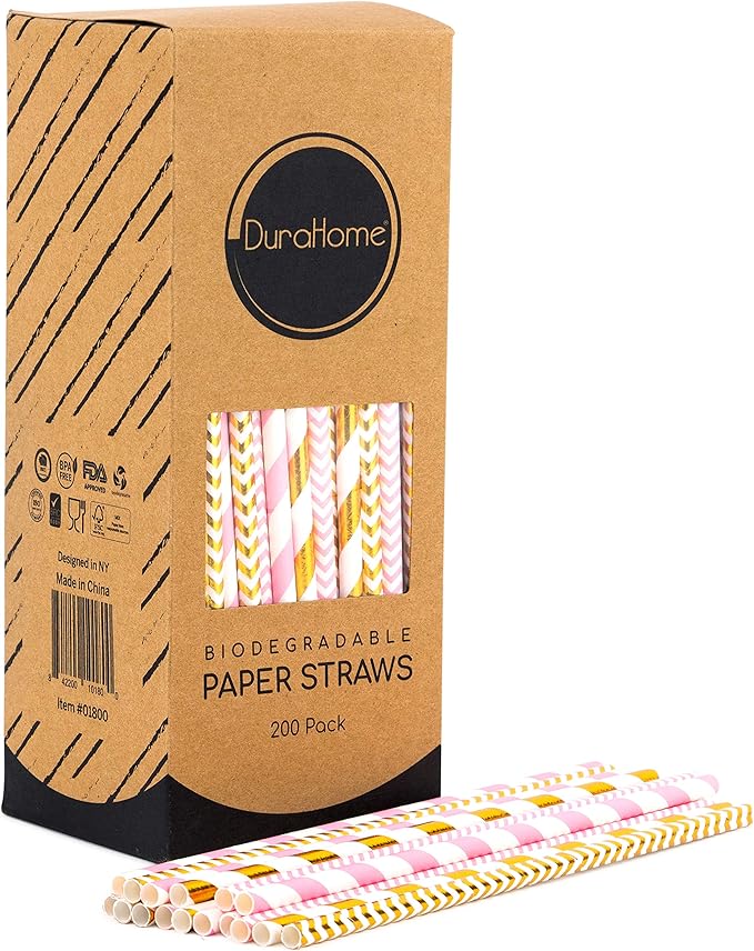 Paper Straws 200 Pack Biodegradable Gold and Pink Striped Design 8.25" Straw for Everyday/Birthday Party/Baby Shower/Wedding/Anniversary and Parties, Long Lasting by DuraHome(200 Pack, Gold & Pink)