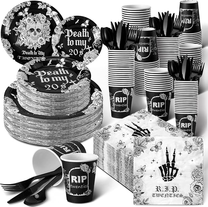 Hushee 324 Pcs Death to My 20s Decorations 30th Birthday Party Supplies Rip to My 20s Disposable Plates Cups Napkins Black Tableware Set for Youth 30th Birthday