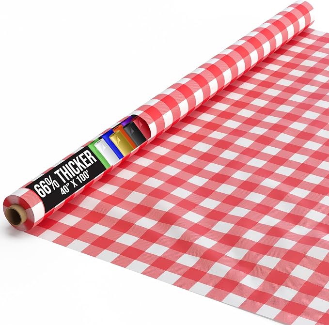Party Solids 66% Thicker Premium Red Gingham Plastic Table Cover Roll 40" X 100' Table Cloth Plastic Cover Roll Quality Thick Banquet Rolls Disposable Tablecloth Rolls Strong American Based Company