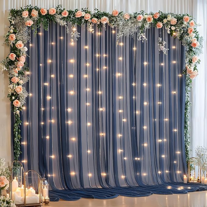10x10ft Navy Blue Tulle Backdrop Curtain with Lights String for Parties, Sheer Photo Backdrop Drapes for Wedding Baby Shower Birthday Photography Stage Decorations