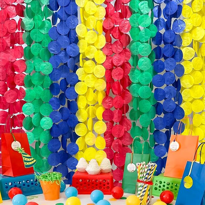 205Ft Mario Party Decorations Red Green Blue Yellow Big Polka Dot Tissue Paper Backdrop Streamer Circle Dot Hanging Garland for Birthday Carnival Circus Clown Fiesta Colorful Party Supplies