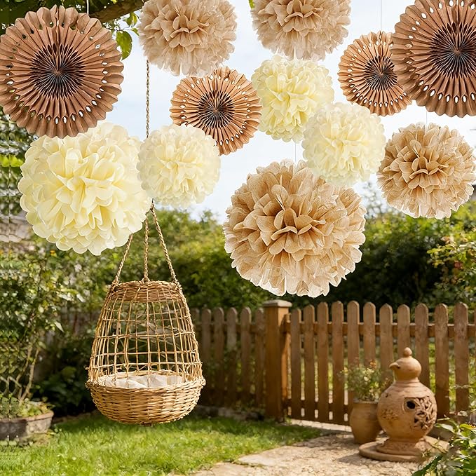 PAPER JAZZ 15 Pcs Wedding Decoration Vintage Beige Pompoms Decoration Brown Paper Fans Boho Party Decoration for Wedding Decoration Birthday Table Decoration Baby Shower