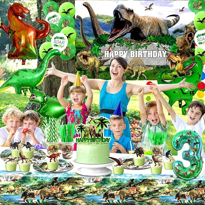 Dinosaur Birthday Decorations, Dino Birthday Party Supplies&Decorations 3 Year Old,Dinosaur Theme Party Set Include Banner Tablecloth Balloons Cake Toppers Plate Napkin for Kids Party