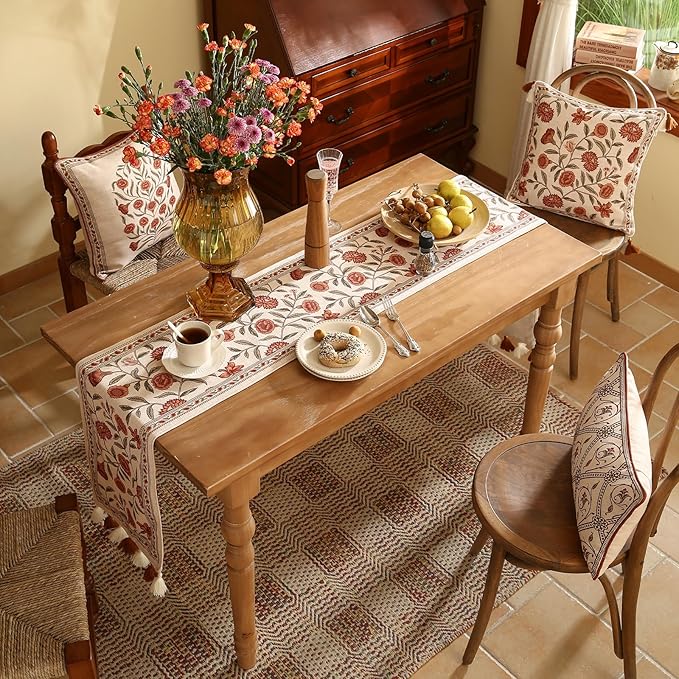 ISAENNE Designer Elegant Linen Table Runner 102 Inches Long,Vintage Orange Floral Pattern Table Runners for Dining Tables,Kitchen Decor,Thanksgiving,Christmas,Banquet,12"*102"-Alvarado A