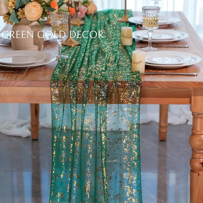 Snowkingdom Green Gold Gauze Table Runner 10FT 120 Inch Long, Glitter Sheer Sparkle Metallic Foil Dining Table Centerpieces Decoration for Birthday Party Wedding Shower Anniversary Graduation Holiday
