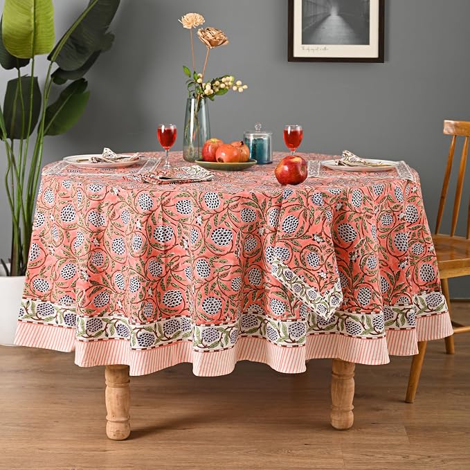 Hand Block Printed Tablecloth – Colorful Floral Print | 100% Cotton | Indian Artisan Handmade Art | Dining Room, Kitchen, Outdoor Décor, (Dark Salmon Pink, 4 Seater 60 Inches Round)