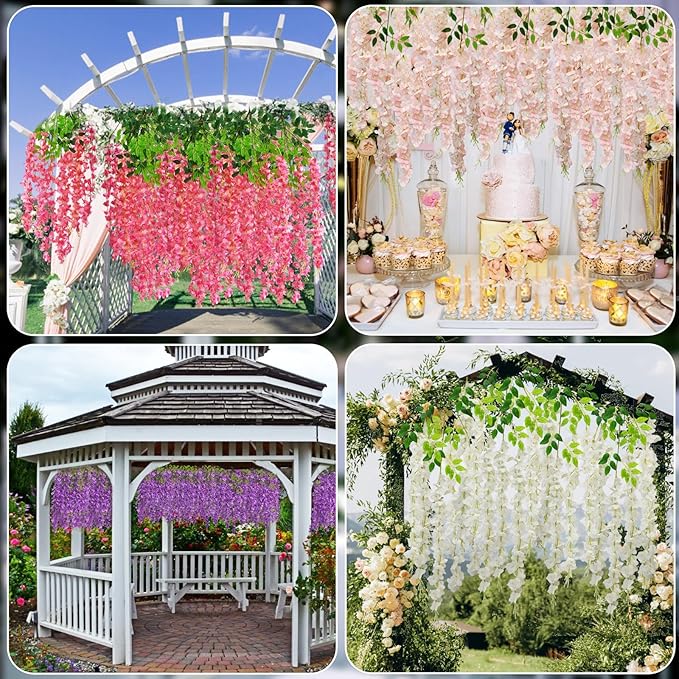 12 PCS Wisteria Hanging Flowers, 3.6ft Fake Wisteria Vines Artificial Wisteria Garland Silk Flower String for Wedding Arch Garden Party Home Ceiling Wall Backdrop Tent Decoration (White)