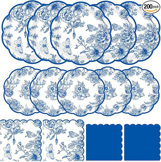 Funnymoom 200 Pcs Blue White Floral Party Tableware Flower Birthday Disposable Paper Dinner Dessert Plates Blue Floral Napkins for Baby Shower Bridal Shower Wedding Party Family Holiday 50 Guests