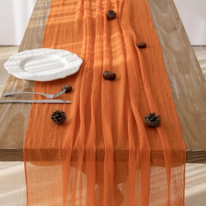 Keketoarrange Orange Summer Table Runner Gauze Rustic Cheesecloth 120 Inch 10 FT for Wedding Baby Shower Bridal Shower Birthday Engagement Garden Outdoor Party Long Sheer Boho Decorations