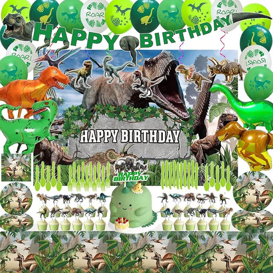 Dinosaur Themed Birthday Party Decoration Kit - Includes Backdrop, Tablecloth, Birthday Banner, Cake/Cupcake Toppers, Hanging Swirls, Disposable Tableware Set, Latex and Foil Balloon