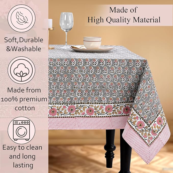 CPC Tablecloth 100% Cotton 72x160 Inch Indian Block Print Rectangle Table Cover, Gray Pink Table Cloth for Weddings, Spring/Summer, Barbeque - Labra Gray