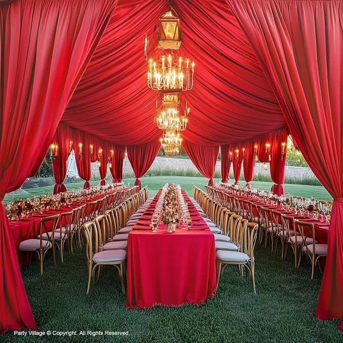 50ftx40ft Red Ceiling Curtain for Wedding Parties – 10 Panels Wrinkle-Free 40 FT Long Tent Draping Curtains for Wedding, Birthday & Theme Parties, 40ft Height with Rod Pocket