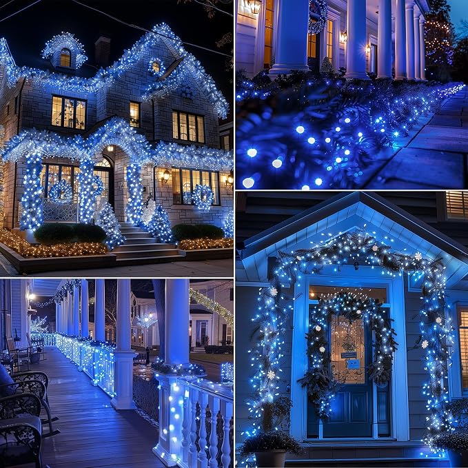 Brightown Battery Operated Christmas Lights 2 Pack 18 Feet 50 LED Clear Mini String Lights with 8 Modes Waterproof Tree Lights for Xmas Outdoor Indoor Holiday Party Garden Decor, Blue & White