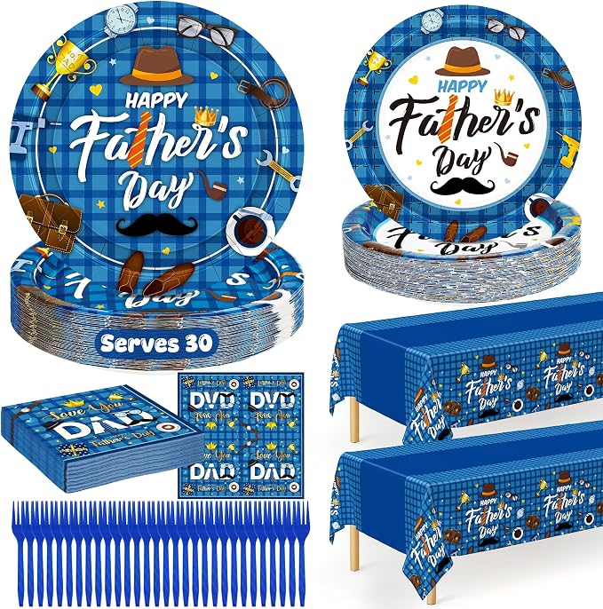 122Pcs Fathers Day Decorations, 30 Sets Paper Father's Day Plates and Napkins, Disposable 9" and 7" Happy Father Party Decorations, Rectangle Love You Dad Dinnerware for Family Dinner Dad Celebrations