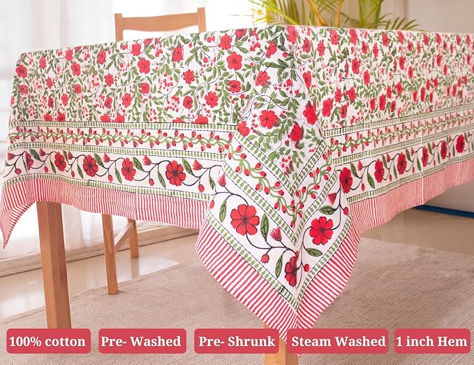 Chirstmas Red Block Print Table Cloth- 60x108 Inch Rectangle 100% Cotton Handmade Pre-Shrink, Washable for Spring, Kitchen & Dining Perfect for Patio, Indoor & Outdoor, Farmhouse
