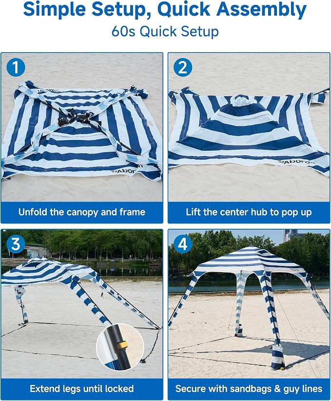 Slsy Beach Tent 10 x 10 FT, Beach Shelter with Removable Side Wall, UPF 50+ Sun Protection Canopy Cabana, Easy Setup Shade with Sandbags, Stakes & Guy Lines, Wind Resistant, Fits 6 People