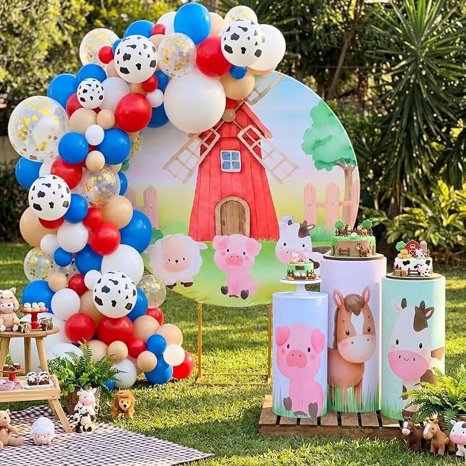 146 Pcs Farm Animals Arch Backdrop Cover Cylinder Stand Covers balloons set for party Photo Props 7.2 feet Animal Round Backdrop Covers for Farmhouse Country Birthday Baby Shower Ceremony Party Decor