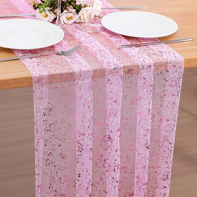 BINBE 1PCS Purple Table Runner 10Ft Sheer Chiffon Fabric Cheesecloth Sequin Glitter Table Runner for Wedding Birthday Party Decor