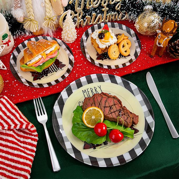 WDF 24Pack Christmas Plastic Plates - Heavy Duty Christmas Tree Plates - Disposable Checkered Plate Ideal for Party