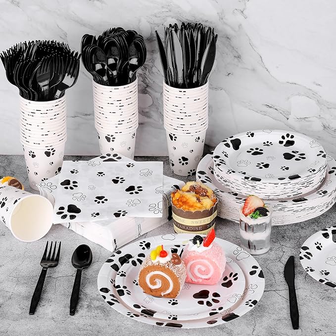 Kochorie 400 Pieces Black Paw Disposable Party Tableware Sets Dog Puppy Supplies Including Plates Cups Napkins Cutlery Serves 50 for Birthday Puppy Theme Party Decorations