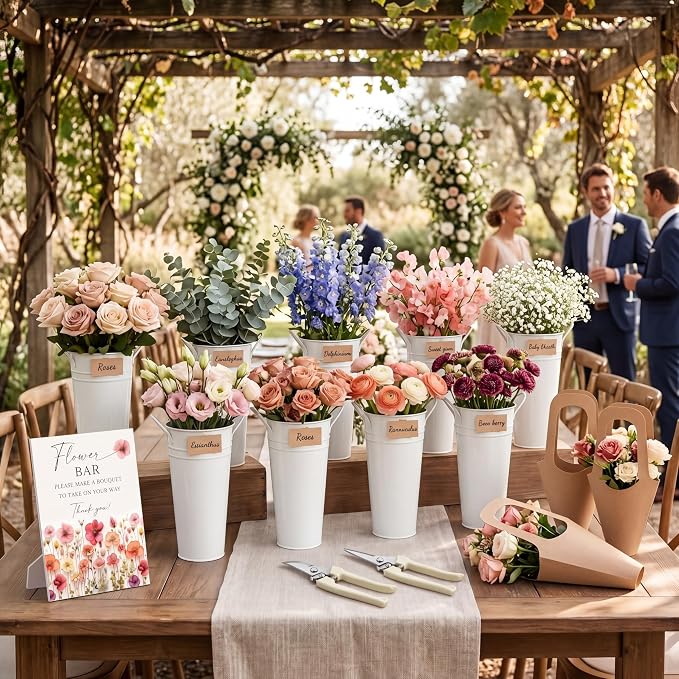 LEIFIDE Flower Bar Buckets Set Kit Bloom Bar Supplies Include Wood Sign Gift Bags Iron Bucket Garden Flower Shears for Wedding Bridal Shower Graduation Birthday Table Centerpieces(45 Pcs,Creamy White)