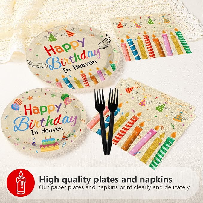 96 Pcs Happy Birthday in Heaven Party Supplies Colorful Happy Birthday Plates and Napkins Disposable Funeral Memorial Tableware Set for Sympathy Grave Cemetery Party Decorations Serves 24
