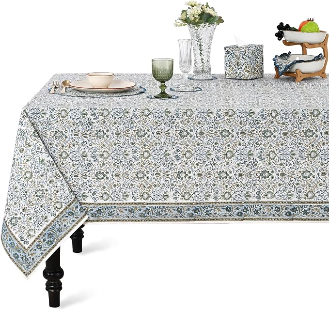Ridhi Indigo Hand Block Print Cotton Rectangle Tablecloth 108" x 60" inches Reusable Table Cover Decorative Everyday Use for Dining Room, Farmhouse, Home Gift for Spring, Mother's Day