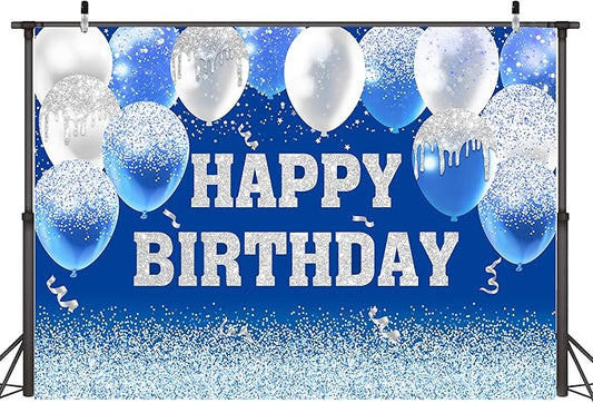 Happy Birthday Decorations Backdrop 7 x 5 ftBlueHappy Birthday Banner Large Birthday Party Background for Men Women Kids Photo Shoot Supplies (Blue, 7 * 5 ft)