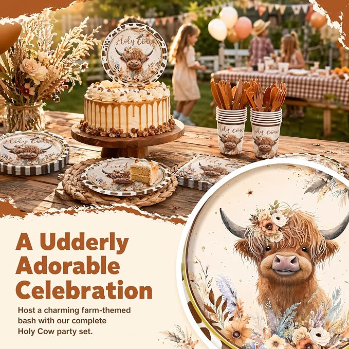 120PCS Boho Highland Cow Party Supplies for Boys girls Holy Cow Highland Themed Baby Shower Birthday Party Decorations Tableware Set Plates Napkins Cups Set for 20 Guests