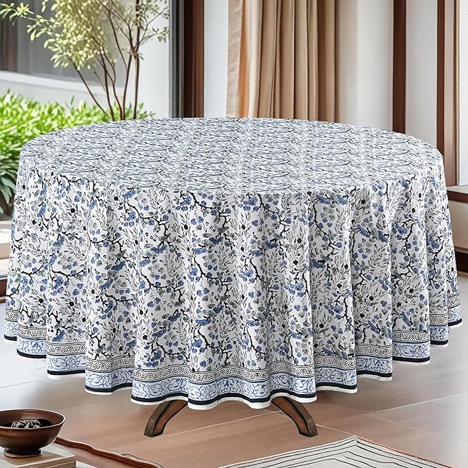 Ridhi Round Tablecloth Hand Block Print 100% Cotton Reusable Spruce Carolina Blue 60 Inch Table Cover Decorative Everyday Use for Dining, Home, Party, Wedding, Farmhouse Gift for Spring, Mother's Day