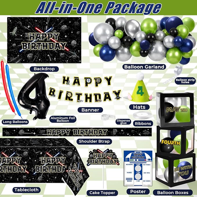 Galaxy Star 4th Birthday Decorations Set - Space Themed Party Favor | With Arch Balloon, “4” Balloon, Backdrop, Tablecloth, Birthday Hat, Cake Topper, Banner, Sash, Poster, Balloon Boxes, Cards